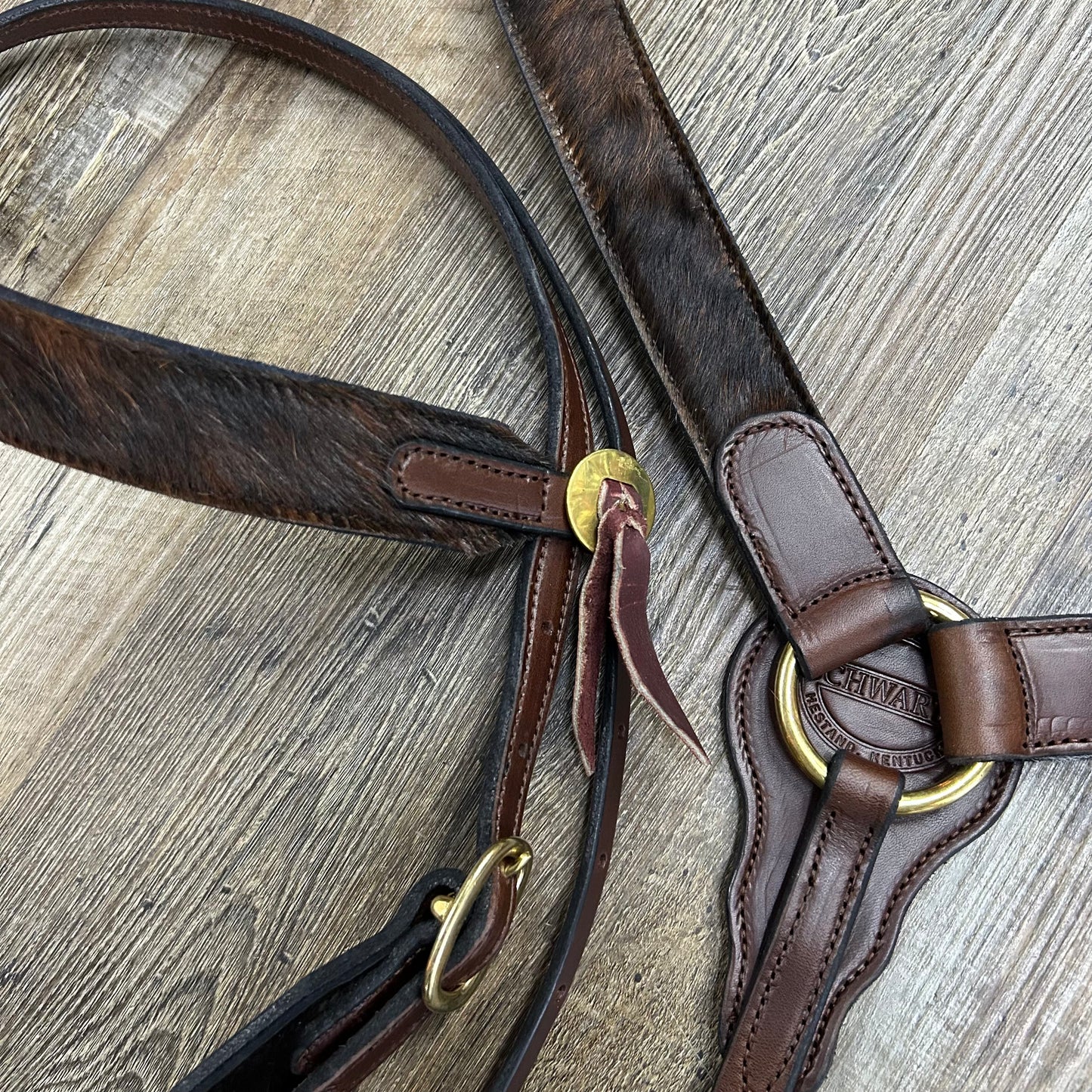 COWHIDE (Badlands Hide) Schwartz Brown Leather Straight Bridle & Matching Breast Collar W/ Brass Coated Hardware Amish Crafted