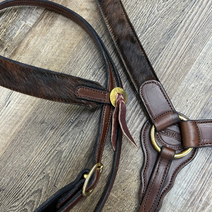 COWHIDE (Badlands Hide) Schwartz Brown Leather Straight Bridle & Matching Breast Collar W/ Brass Coated Hardware Amish Crafted