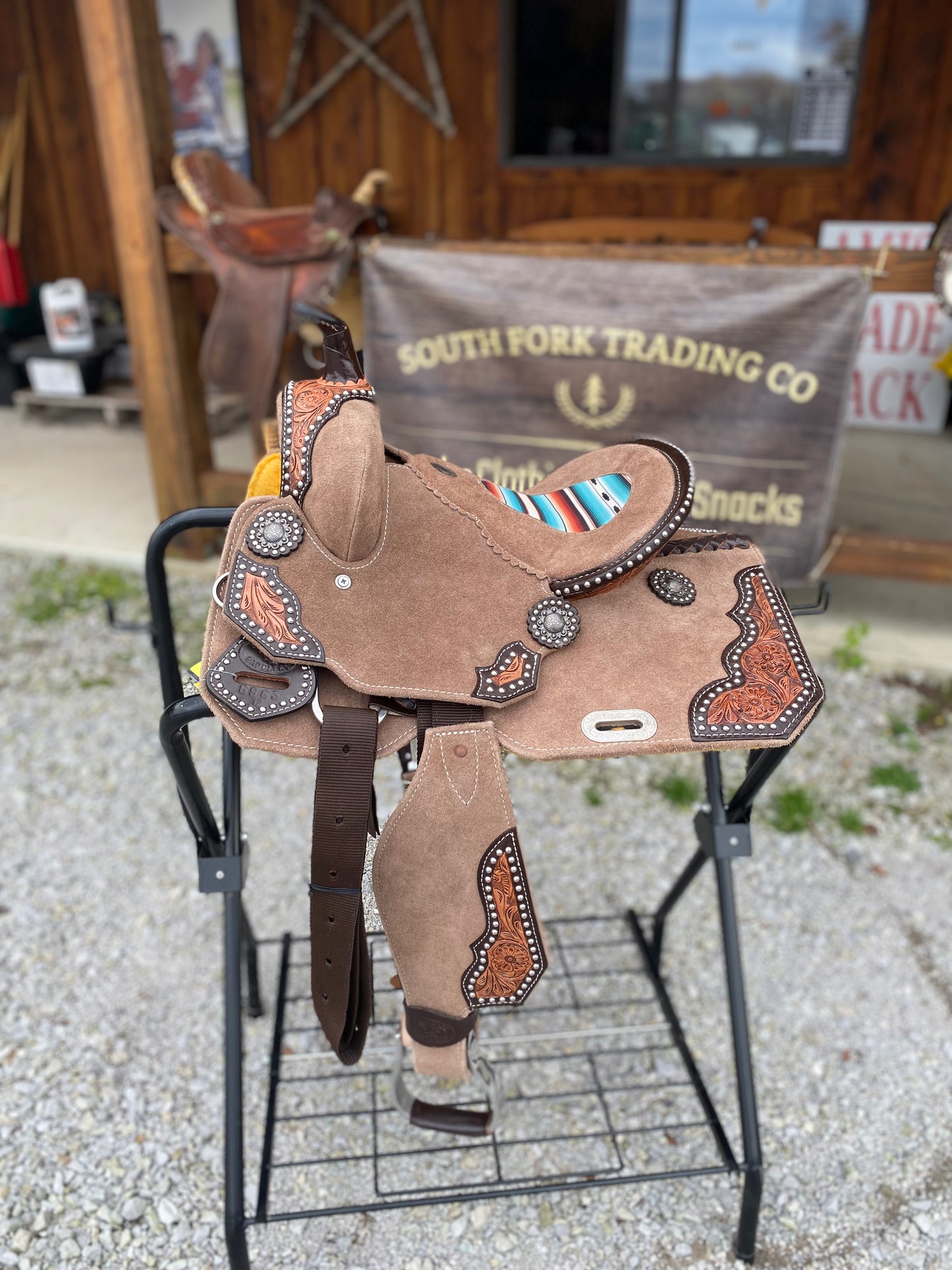 NEW DOUBLE T YOUTH 12” Rough Out Barrel Style Saddle w/ Western Southwest Serape Printed Inlay