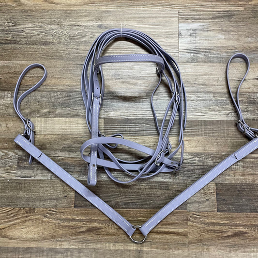 GRAY LAVENDER Beta Bridle w/ Nose Band, Reins & Matching 2 Point Breast Collar Amish Crafted