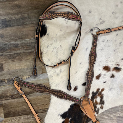 Houston Herd Brown Tooled Leather Straight Bridle & Matching Breast Collar W/ Silver Stainless Steel Hardware