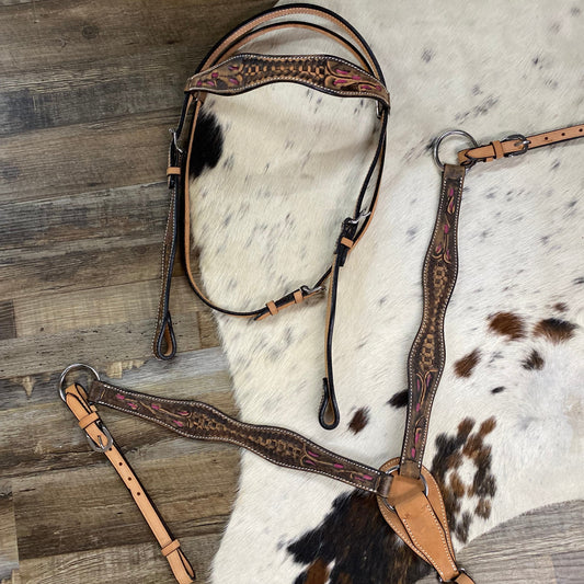 Houston Herd Brown Tooled Leather Straight Bridle & Matching Breast Collar W/ Silver Stainless Steel Hardware