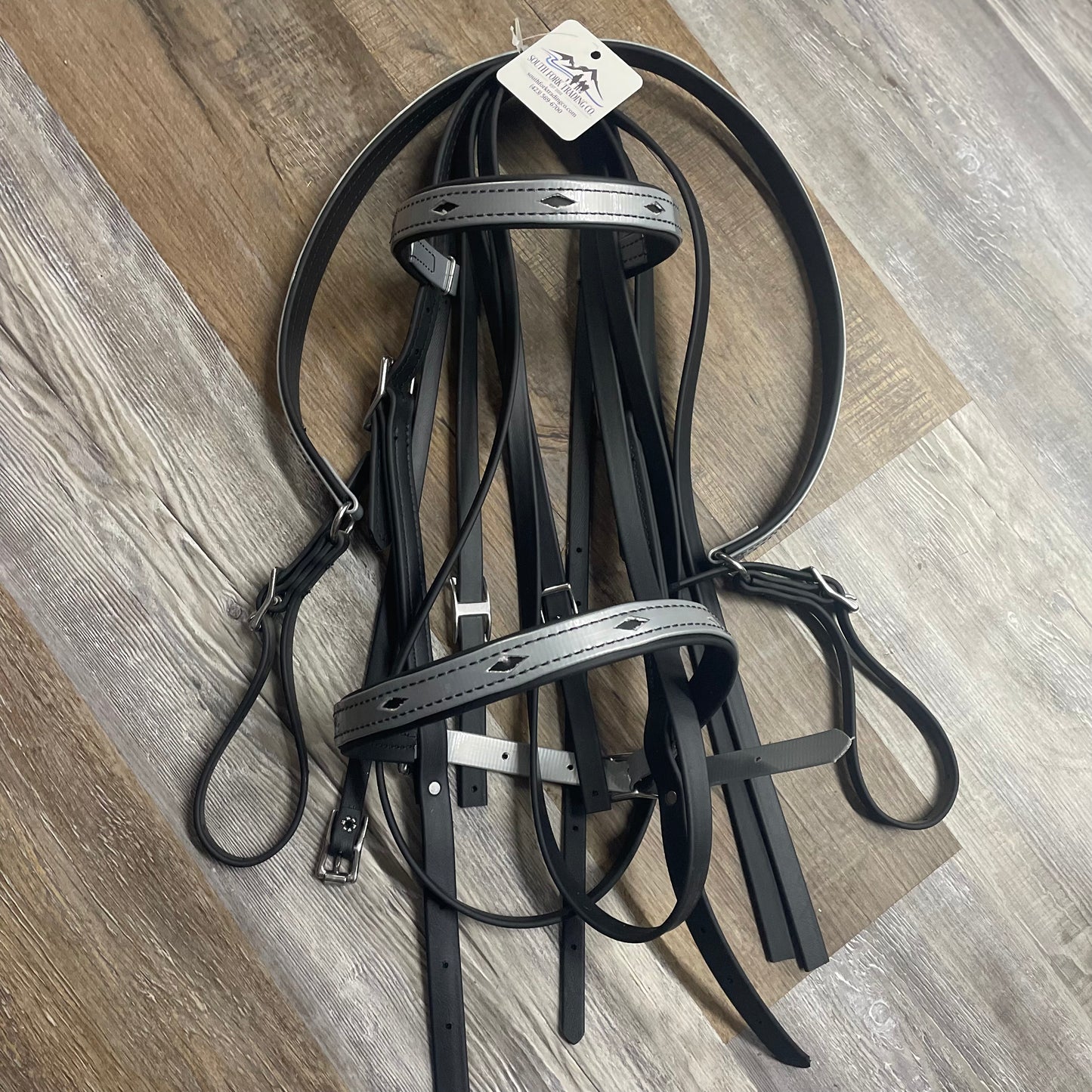 GRAY & Black Diamond Beta Bridle w/ Nose Band, Reins & Matching Breast Collar Amish Crafted