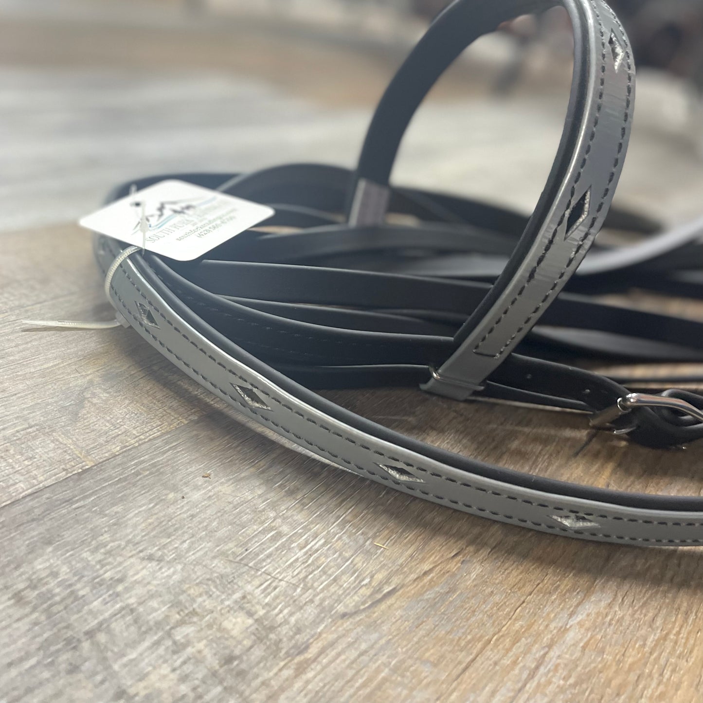 GRAY & Black Diamond Beta Bridle w/ Nose Band, Reins & Matching Breast Collar Amish Crafted