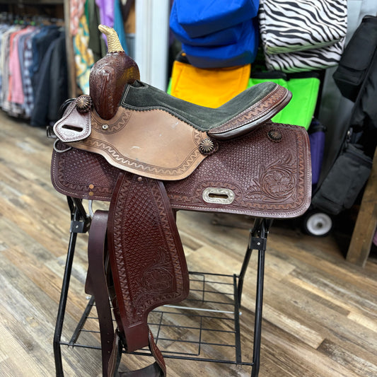 Used 16” Western Saddle Floral, Zigzag Aztec, and Basketweave Tooling DOUBLE T SADDLERY
