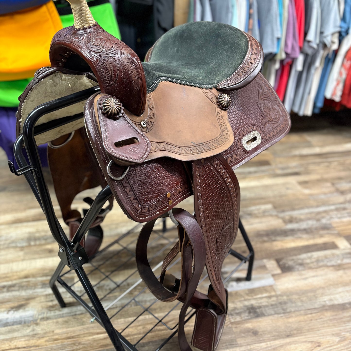 Used 16” Western Saddle Floral, Zigzag Aztec, and Basketweave Tooling DOUBLE T SADDLERY