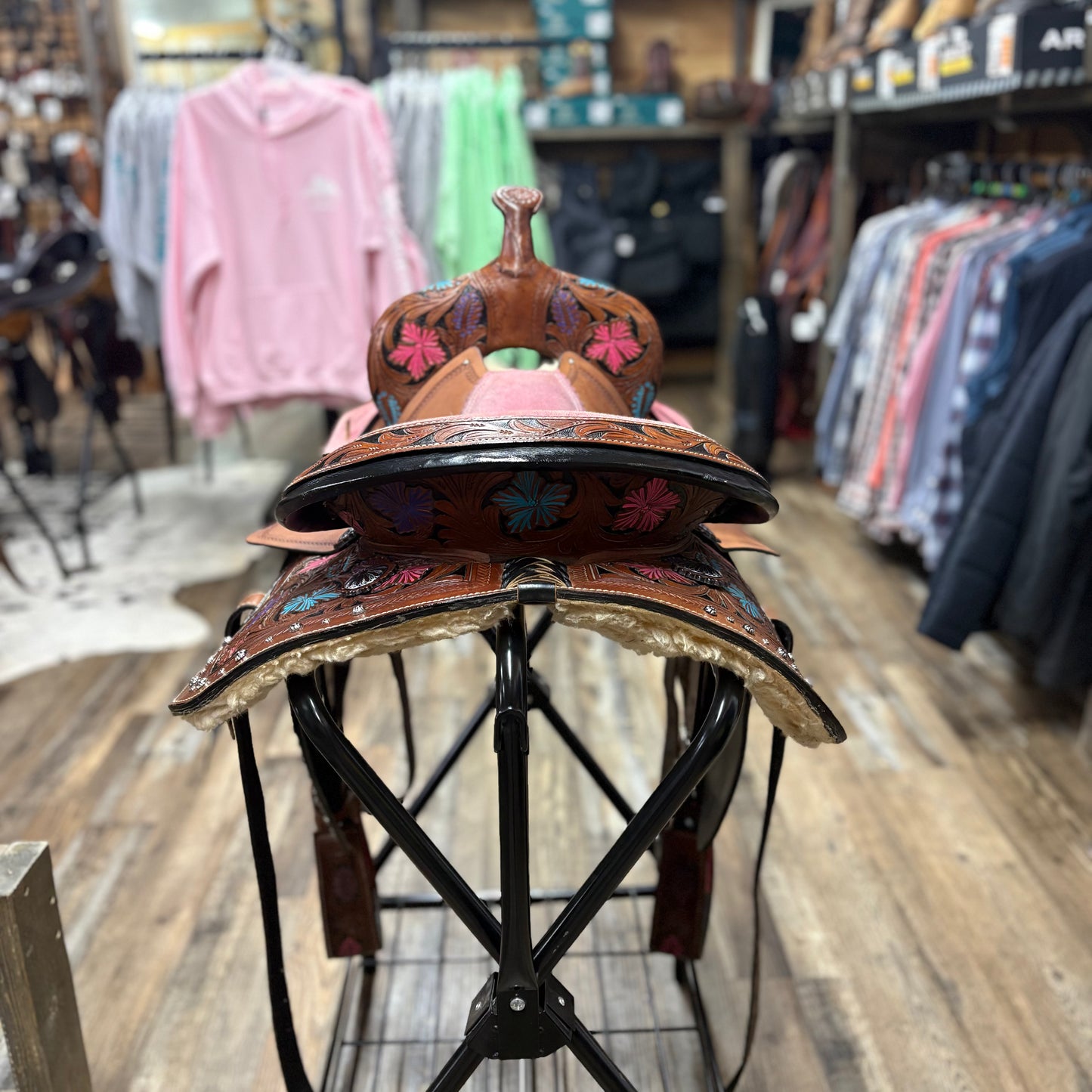 Used 14.5 inch Youth Barrel Saddle Pink Seat, Purple, and Blue Floral Tooling