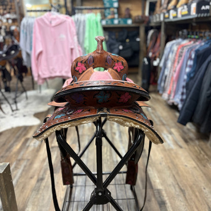 Used 14.5 inch Youth Barrel Saddle Pink Seat, Purple, and Blue Floral Tooling