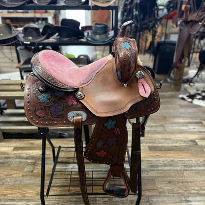 Used 14.5 inch Youth Barrel Saddle Pink Seat, Purple, and Blue Floral Tooling