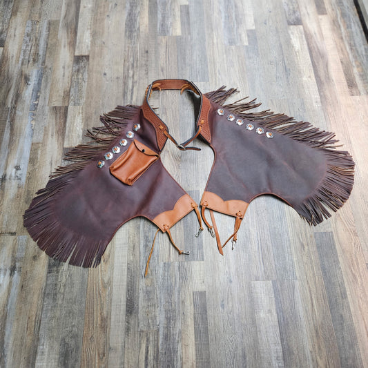 Amish Custom Leather Heritage Tooled Two Toned Basket Weave Tooling  w/ Conchos Chinks w/ Exterior Pocket