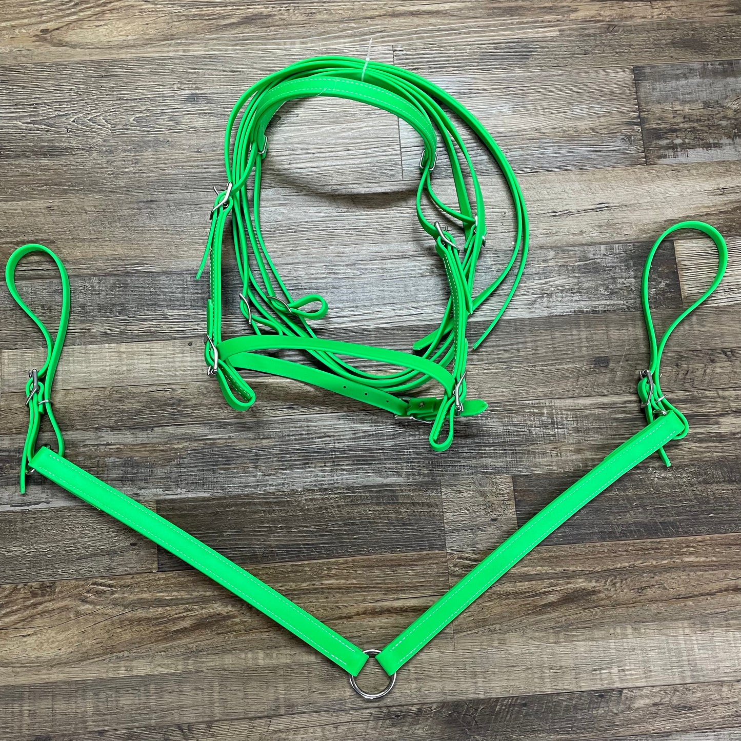 NEON GREEN Beta Bridle w/ Nose Band, Reins & Matching 2 Point Breast Collar Amish Crafted