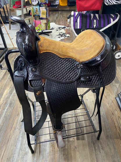 USED Black Western Basketweave Tooled Saddle 15”