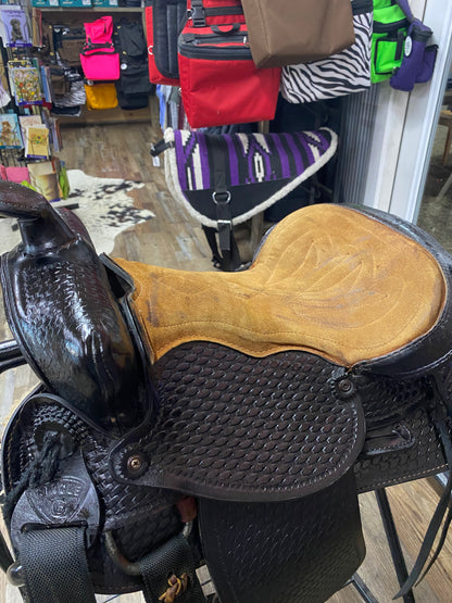 USED Black Western Basketweave Tooled Saddle 15”