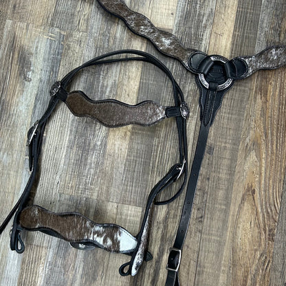 COWHIDE Speckled (Rugged Hide) Schwartz Black Leather Wavy Bridle & Matching Breast Collar W/ Silver Stainless Steel Hardware Amish Crafted