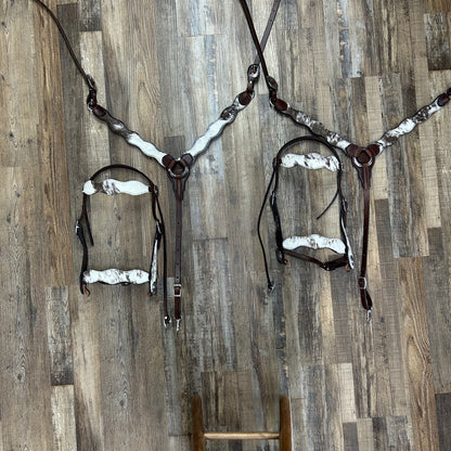COWHIDE Speckled (Sidekick Hide) Schwartz Brown Leather Wavy Bridle & Matching Breast Collar W/ Silver Stainless Steel Hardware Amish Crafted