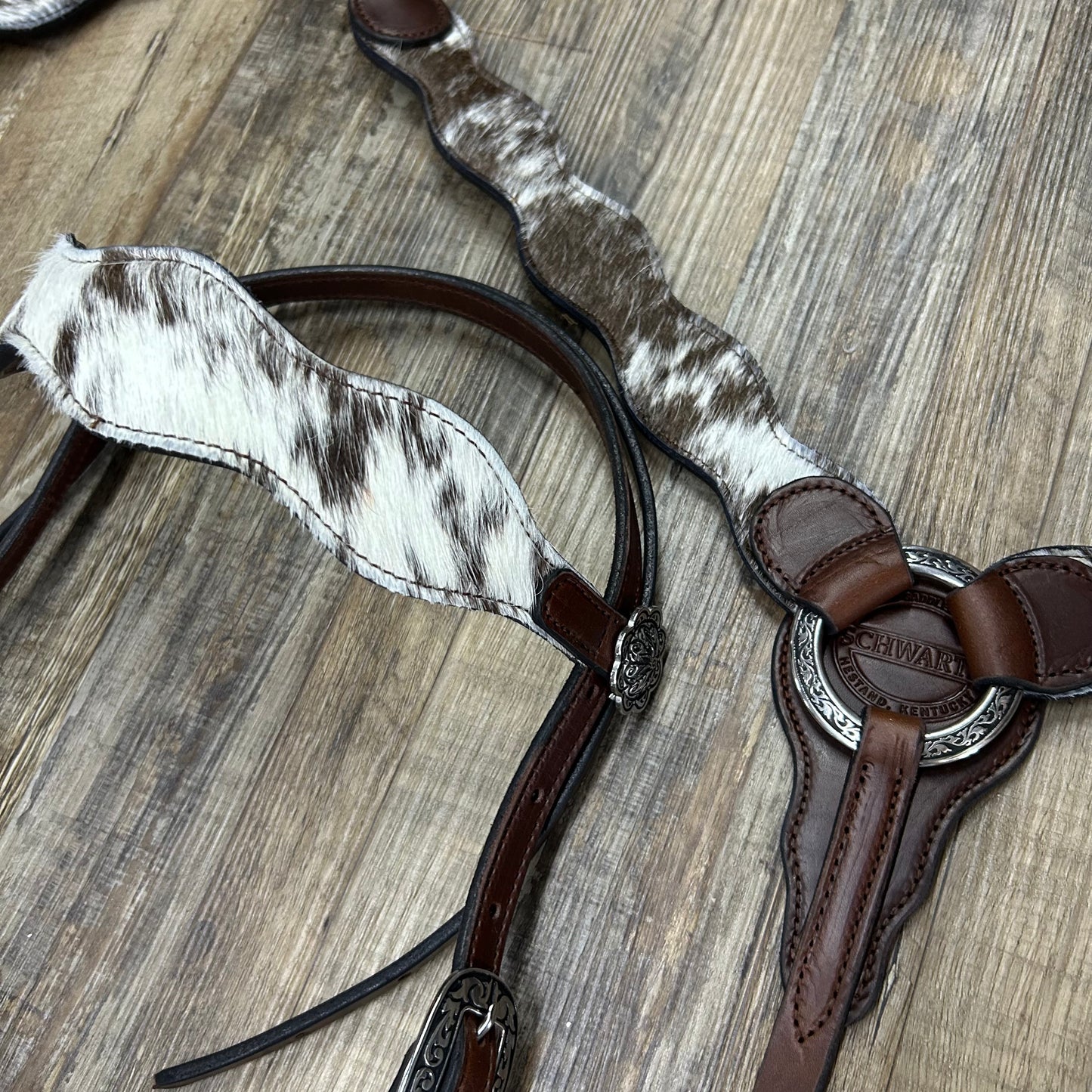 COWHIDE Speckled (Sidekick Hide) Schwartz Brown Leather Wavy Bridle & Matching Breast Collar W/ Silver Stainless Steel Hardware Amish Crafted