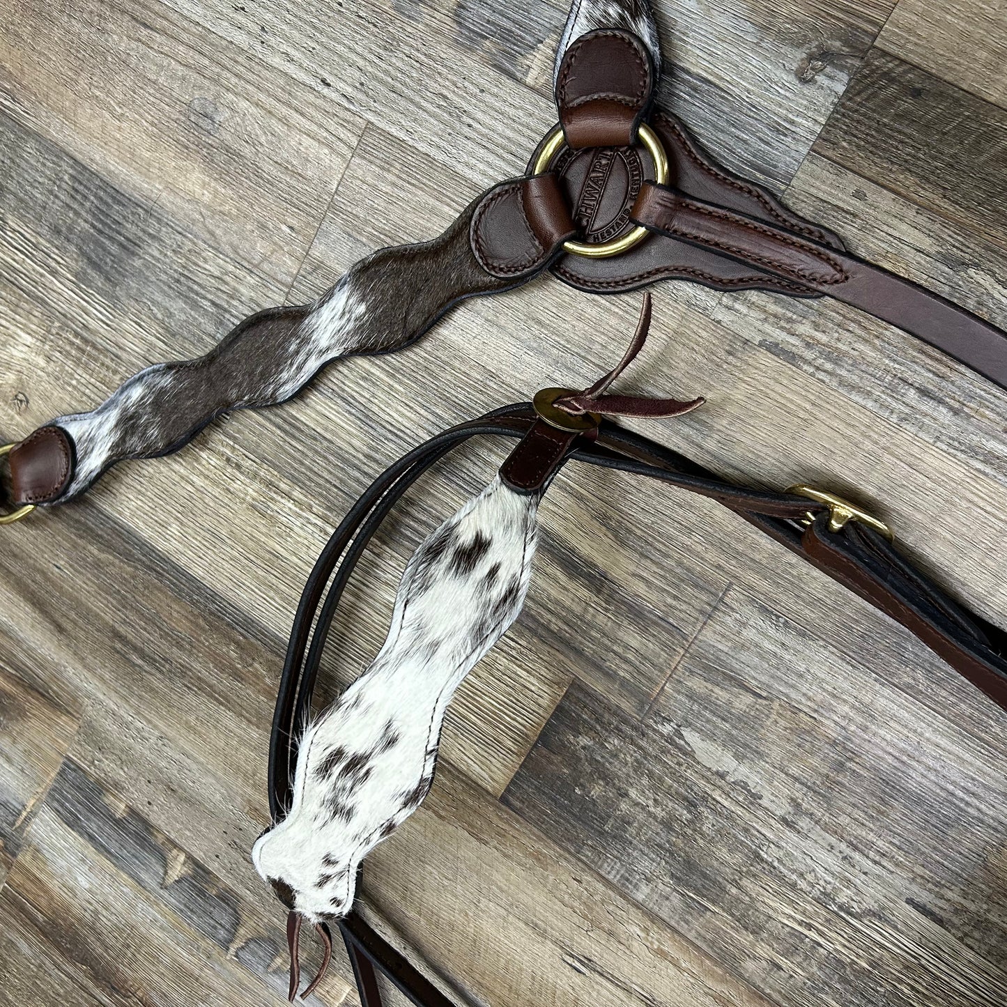 COWHIDE Set Speckled (Ranchy Hide) Schwartz Brown Leather Wavy Bridle & Matching Breast Collar W/ Brass Coated Hardware Amish Crafted