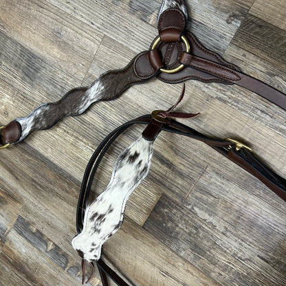 COWHIDE Set Speckled (Ranchy Hide) Schwartz Brown Leather Wavy Bridle & Matching Breast Collar W/ Brass Coated Hardware Amish Crafted