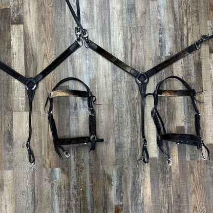 COWHIDE (Smokey Hide) Schwartz Black Leather Straight Bridle & Matching Breast Collar W/ Silver Stainless Steel Hardware Amish Crafted