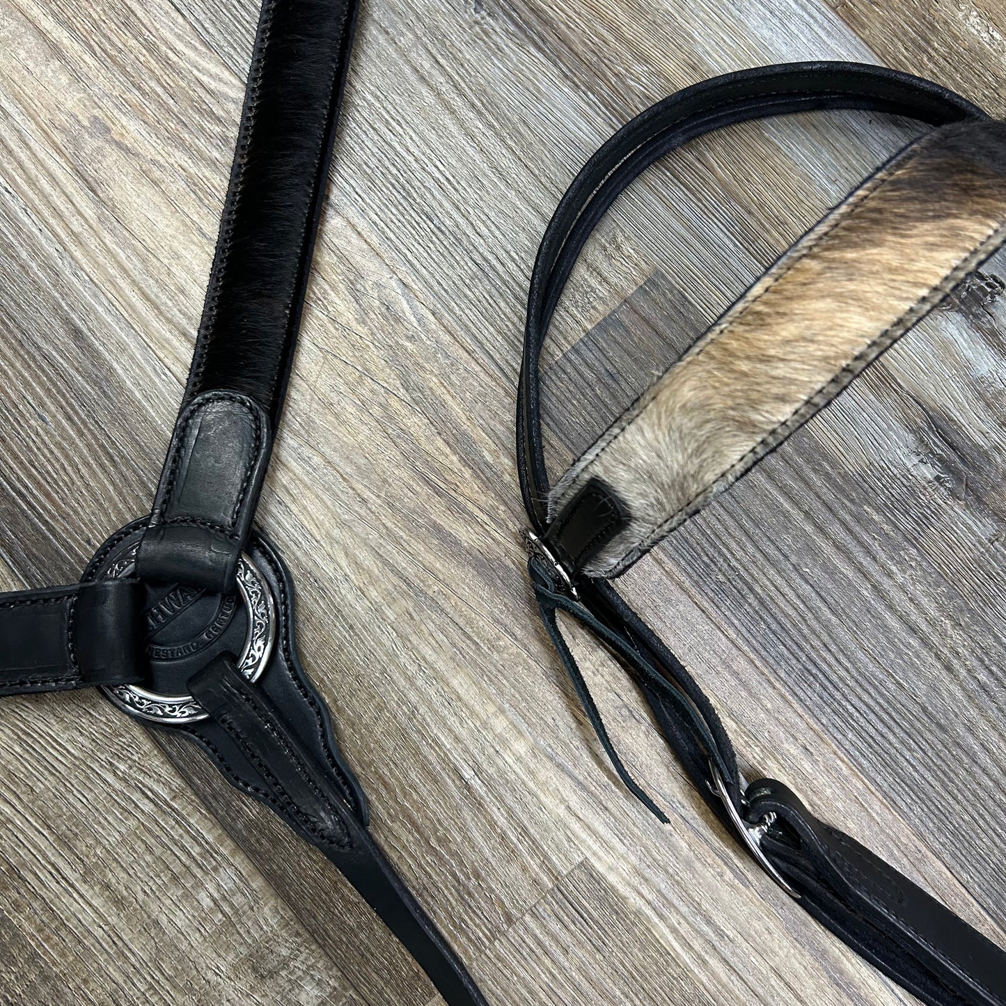 COWHIDE (Smokey Hide) Schwartz Black Leather Straight Bridle & Matching Breast Collar W/ Silver Stainless Steel Hardware Amish Crafted
