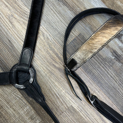 COWHIDE (Smokey Hide) Schwartz Black Leather Straight Bridle & Matching Breast Collar W/ Silver Stainless Steel Hardware Amish Crafted