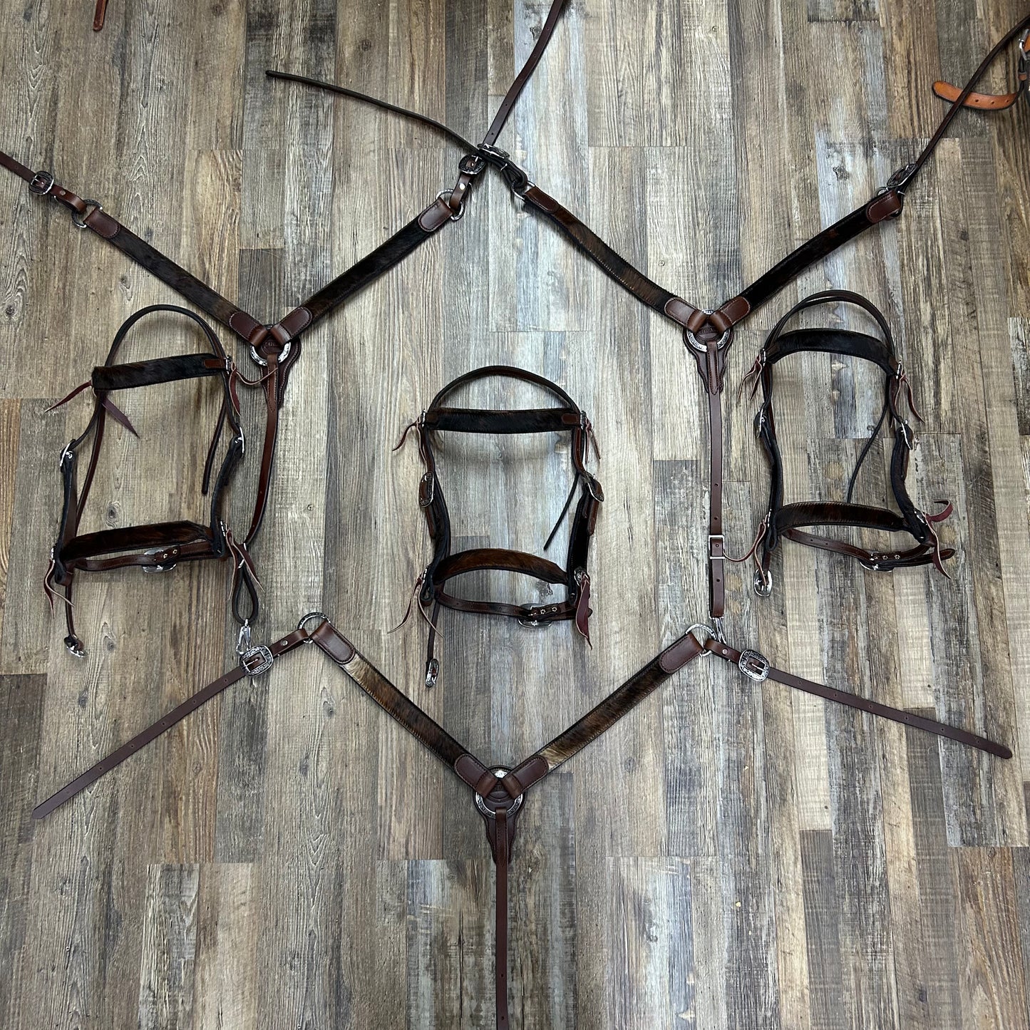 COWHIDE (Houston Hide) Schwartz Brown Leather Straight Bridle & Matching Breast Collar W/ Silver Stainless Steel Hardware Amish Crafted
