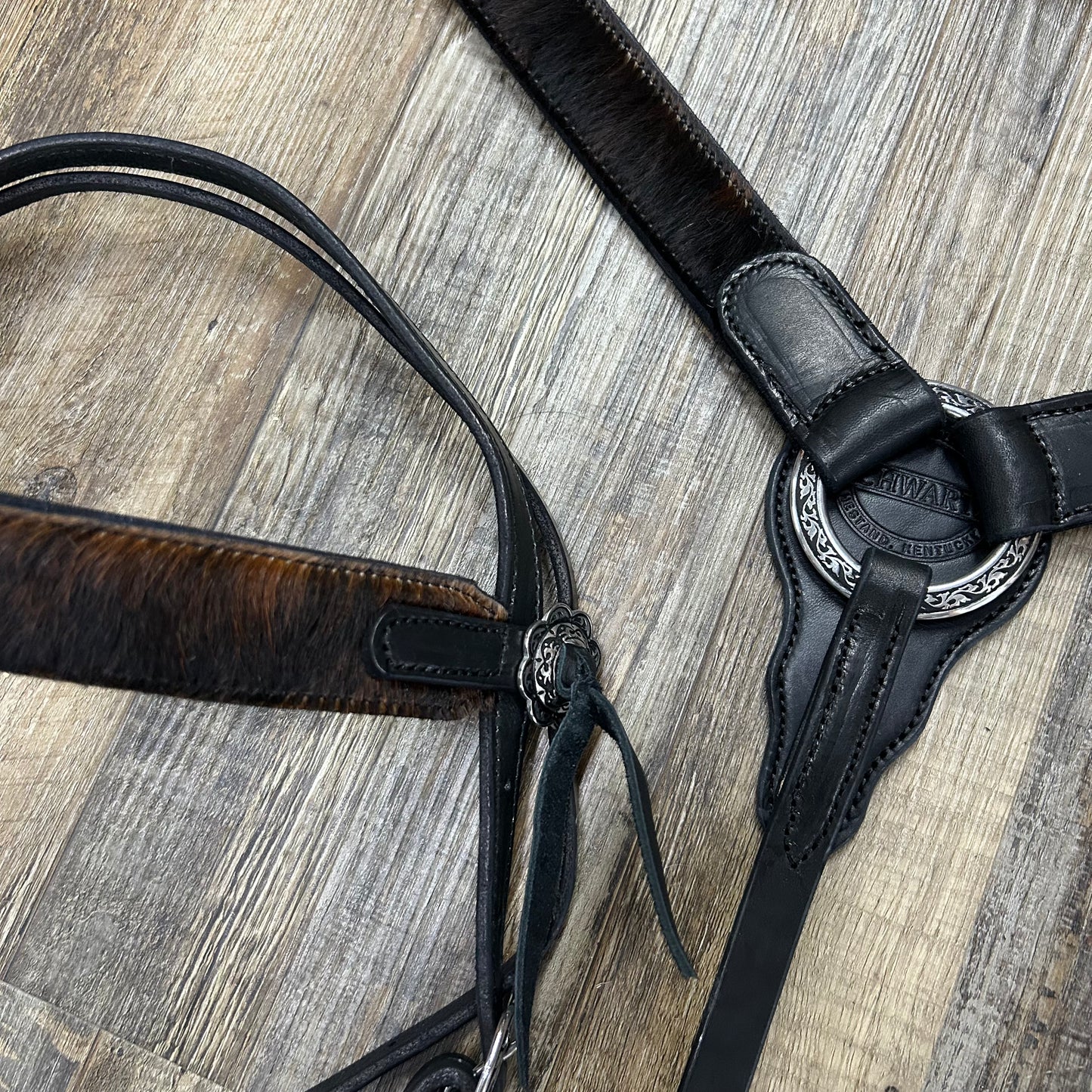 COWHIDE (OUTLAW Hide) Schwartz BLACK Leather Straight Bridle & Matching Breast Collar W/ Silver Stainless Steel Hardware Amish Crafted