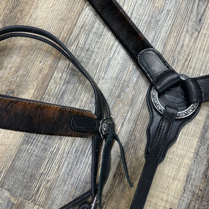 COWHIDE (OUTLAW Hide) Schwartz BLACK Leather Straight Bridle & Matching Breast Collar W/ Silver Stainless Steel Hardware Amish Crafted