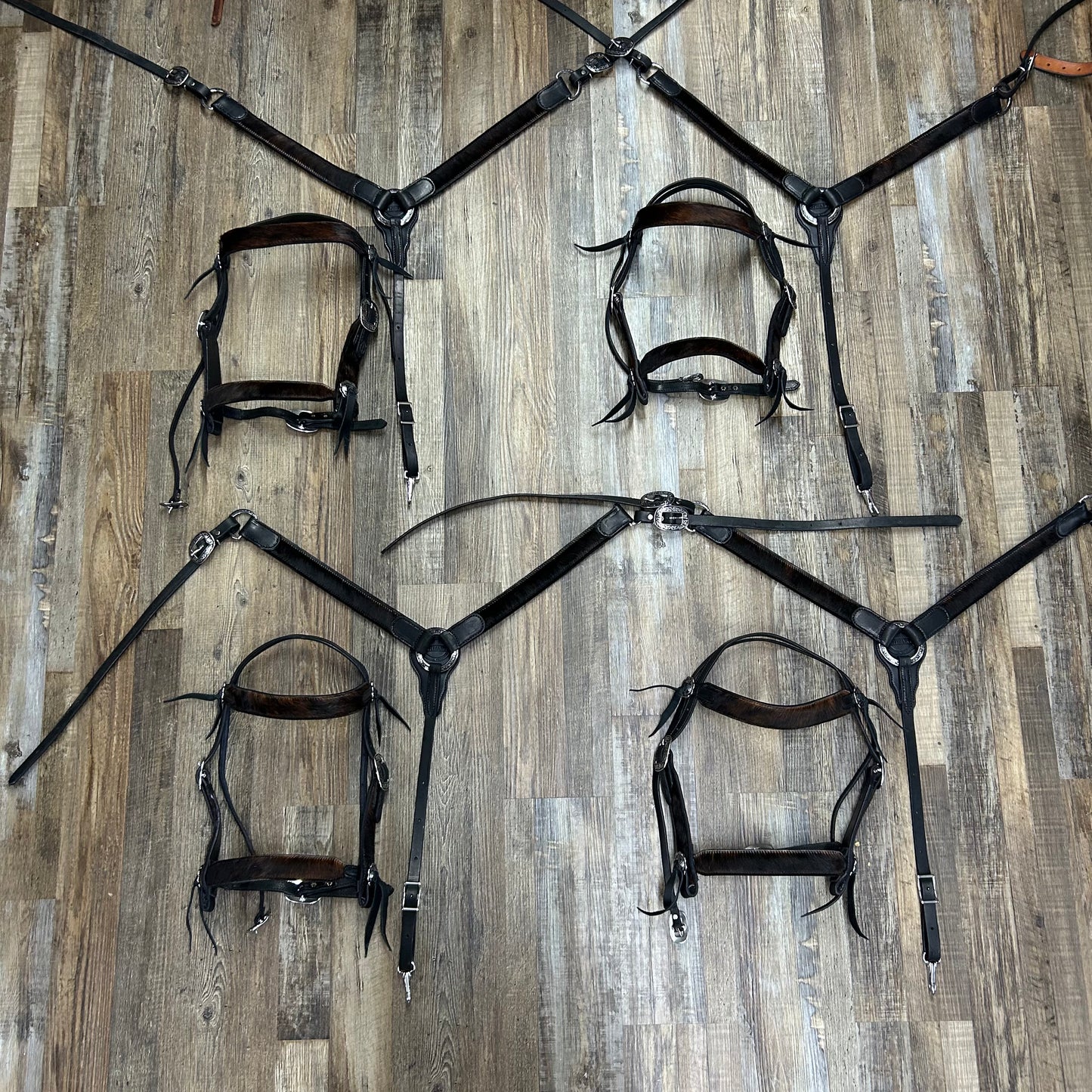 COWHIDE (OUTLAW Hide) Schwartz BLACK Leather Straight Bridle & Matching Breast Collar W/ Silver Stainless Steel Hardware Amish Crafted