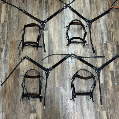 COWHIDE (OUTLAW Hide) Schwartz BLACK Leather Straight Bridle & Matching Breast Collar W/ Silver Stainless Steel Hardware Amish Crafted