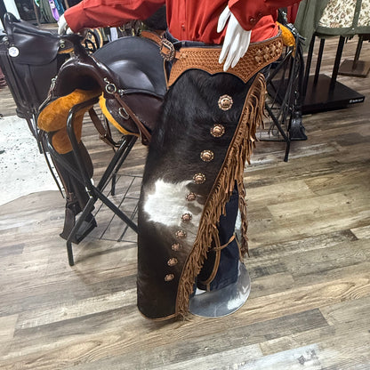 Chinks Amish Custom Cowhide & Brown Leather Tooled Basketweave w/ Fringe & Antique Copper Conchos