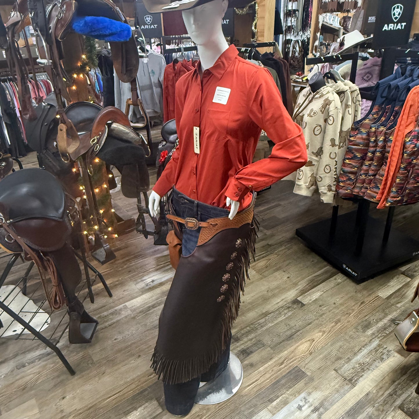 CHINKS Amish Custom Brown Distressed LeatherTwo Toned Basket Weave Tooling w/ Antique Copper Conchos w/ Fringe & Exterior Pocket