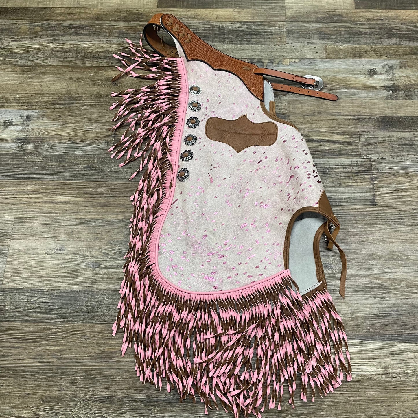 BARBIE COWHIDE Chinks Amish Custom Leather Tooled Basket Weave With Antique Silver Conchos & Interior Pocket W/ Pink Spiral Fringe