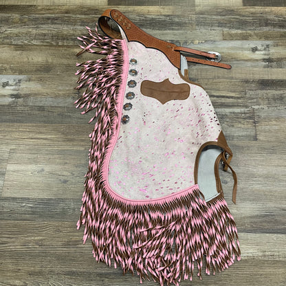 BARBIE COWHIDE Chinks Amish Custom Leather Tooled Basket Weave With Antique Silver Conchos & Interior Pocket W/ Pink Spiral Fringe