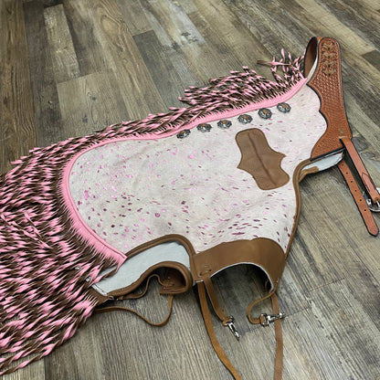 BARBIE COWHIDE Chinks Amish Custom Leather Tooled Basket Weave With Antique Silver Conchos & Interior Pocket W/ Pink Spiral Fringe