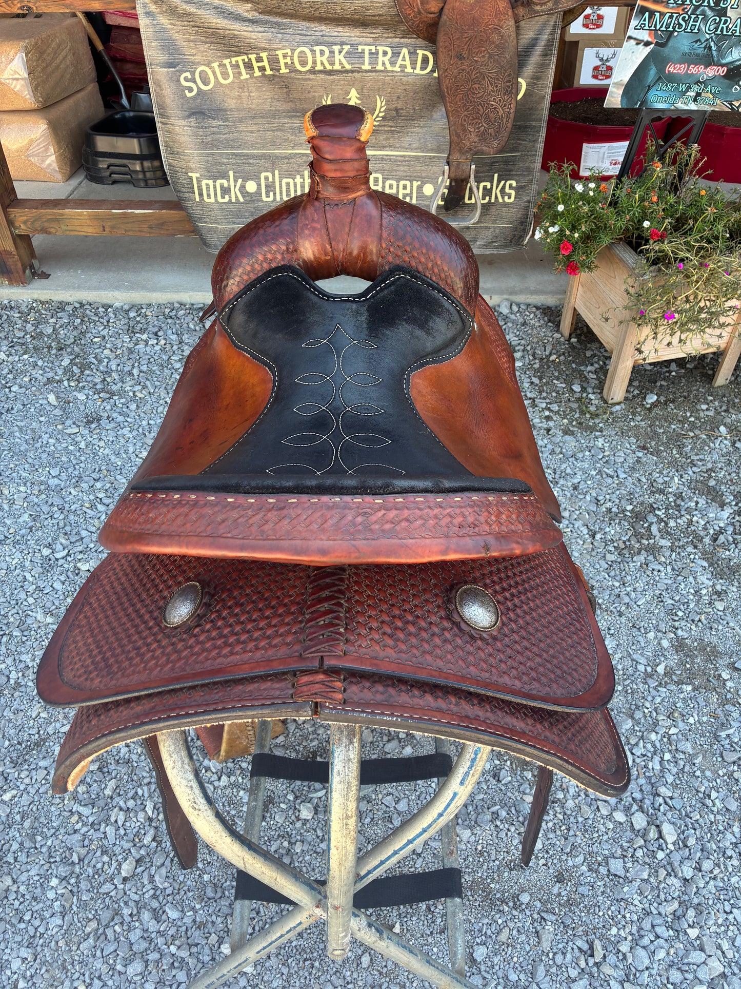Used Circle Y Roper 15” Saddle W/ Extra Wide Rawhide Stirrups