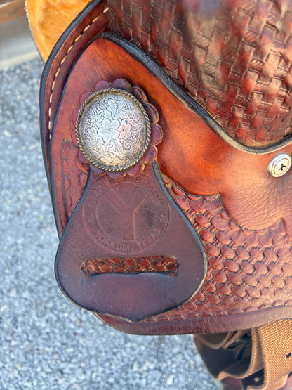 Used Circle Y Roper 15” Saddle W/ Extra Wide Rawhide Stirrups
