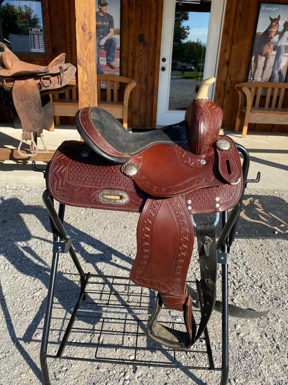 Used 12” Western Saddle Tooled, Aztec w/ Suede Seat DOUBLE T SADDLERY