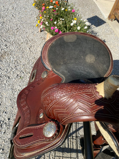 Used 12” Western Saddle Tooled, Aztec w/ Suede Seat DOUBLE T SADDLERY