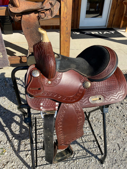 Used 12” Western Saddle Tooled, Aztec w/ Suede Seat DOUBLE T SADDLERY