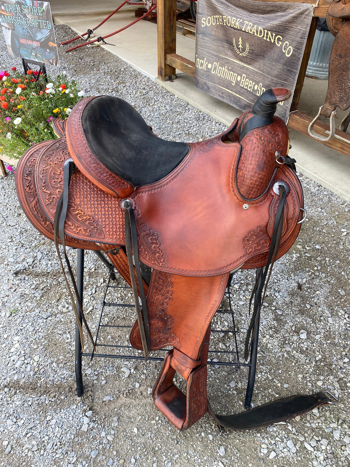 Pre-loved “About The Horse, Inc” 15” Western Saddle w/ Synthetic seat & Comes w/ Back Cinch, Bridle, & Saddle Pad