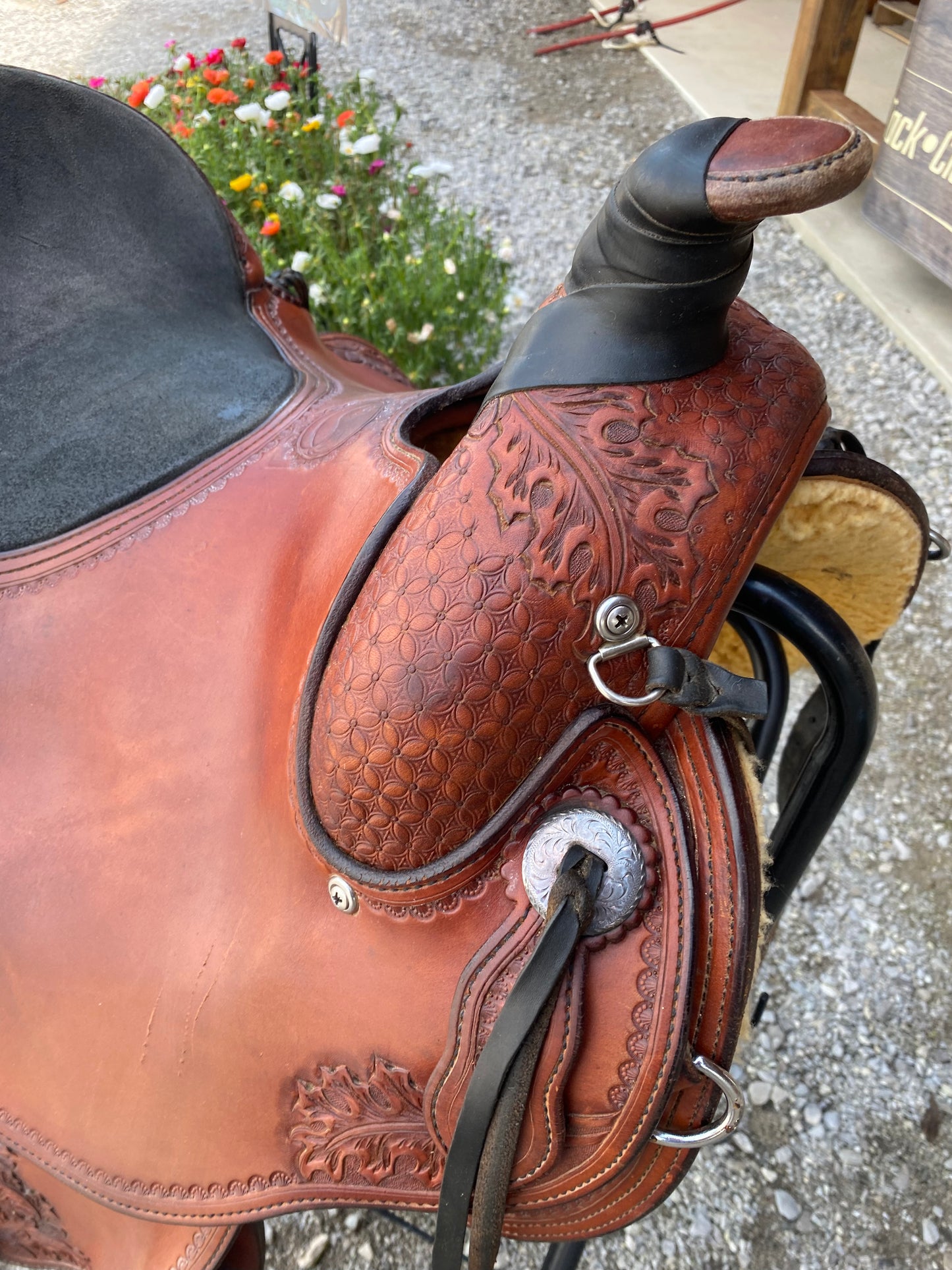 Pre-loved “About The Horse, Inc” 15” Western Saddle w/ Synthetic seat & Comes w/ Back Cinch, Bridle, & Saddle Pad