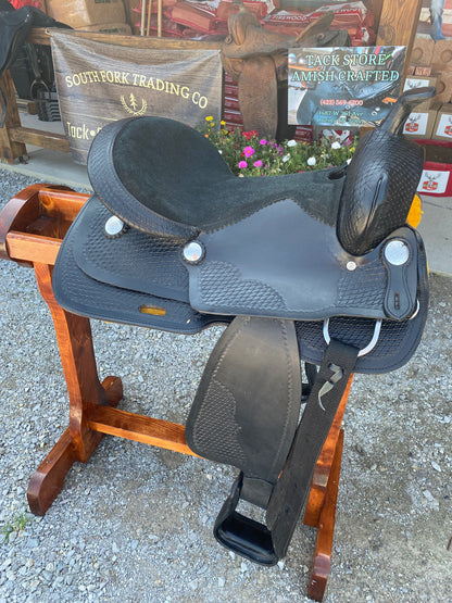 USED Black Western Saddle 16” w/ Synthetic Seat & Basketweave Tooling