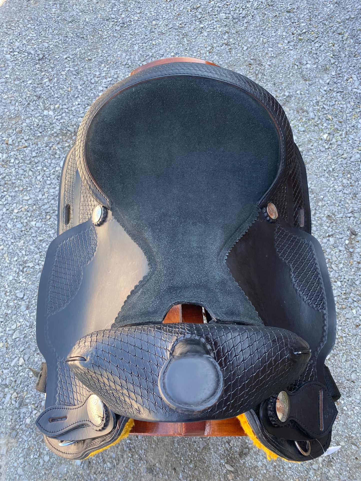 USED Black Western Saddle 16” w/ Synthetic Seat & Basketweave Tooling