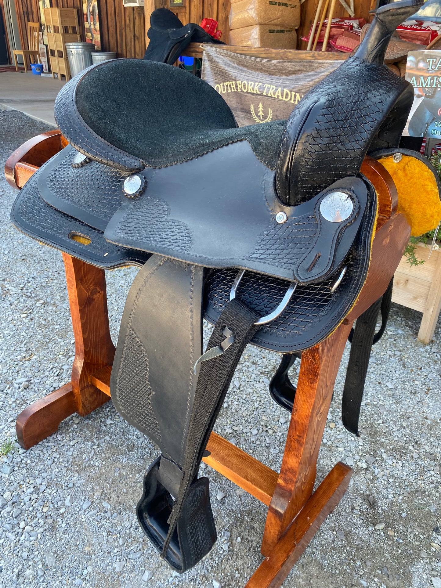 USED Black Western Saddle 16” w/ Synthetic Seat & Basketweave Tooling
