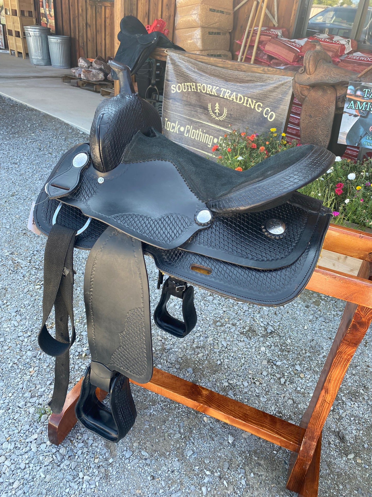 USED Black Western Saddle 16” w/ Synthetic Seat & Basketweave Tooling