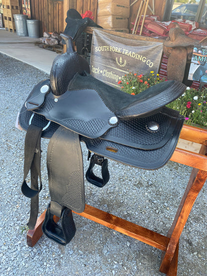 USED Black Western Saddle 16” w/ Synthetic Seat & Basketweave Tooling