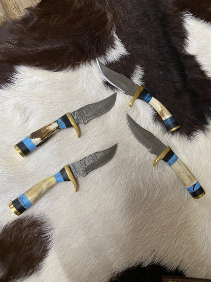 The Mountain Splitter Hand Crafted Buck Horn & Faux Turquoise Handle Damascus Knife With Brown Leather Snap Sheath