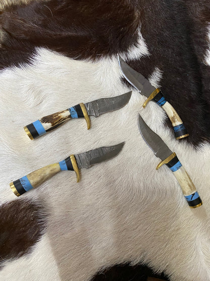 The Mountain Splitter Hand Crafted Buck Horn & Faux Turquoise Handle Damascus Knife With Brown Leather Snap Sheath