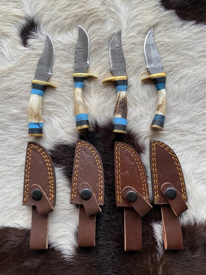 The Mountain Splitter Hand Crafted Buck Horn & Faux Turquoise Handle Damascus Knife With Brown Leather Snap Sheath